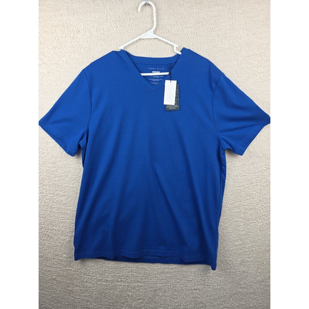 Perry Ellis Pima Cotton V-Neck T-Shirt Blue XL Short Sleeve